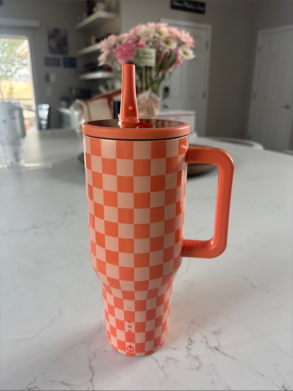 Hydro Flask Orange and Cream Checkered Insulated Tumbler with Handle and Straw